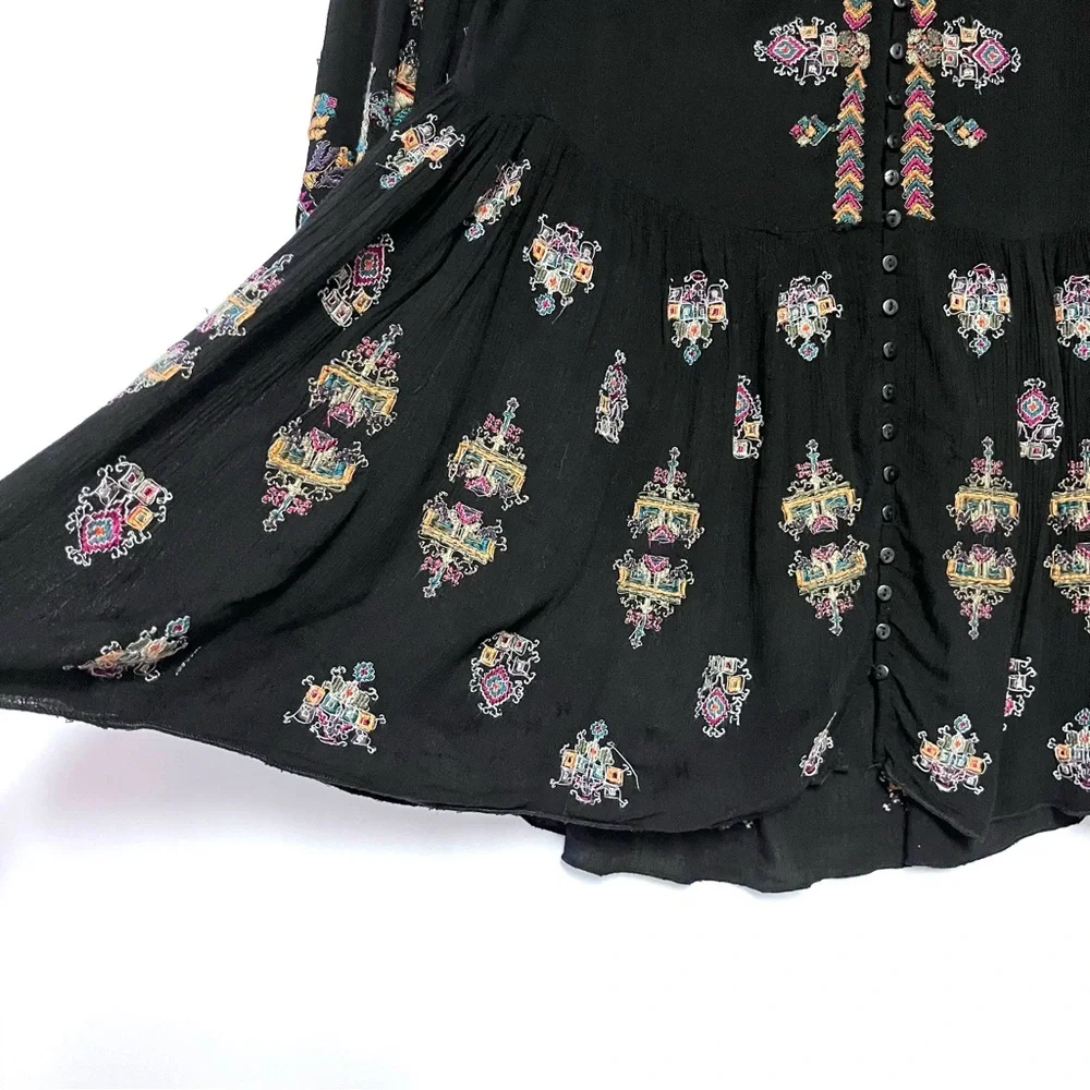 Free People Arianna Tunic Top Black Babydoll Embroidered Boho XS Gauzy Festival - Picture 7 of 16